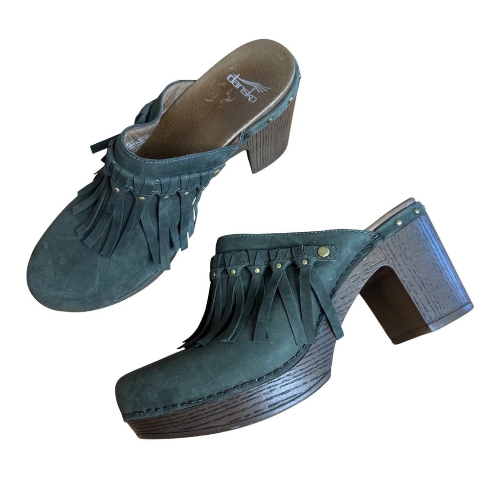 Dansko Womens Fringe Mules Clogs Platform Heel Green Size 41